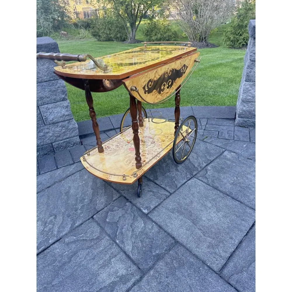 VTG Italian Marquetry Tea & Bar Cart Wood Serving Drop Leaf ~Great For Display